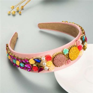 Cookies and Flowers Embellished Colorful Rhinestones Baroque Design Women Hair Hoop - Pink