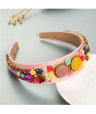 Cookies and Flowers Embellished Colorful Rhinestones Baroque Design Women Hair Hoop - Pink