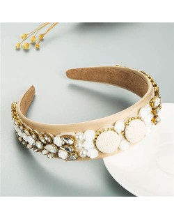 Cookies and Flowers Embellished Colorful Rhinestones Baroque Design Women Hair Hoop - Beige