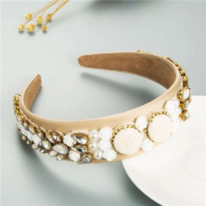 Cookies and Flowers Embellished Colorful Rhinestones Baroque Design Women Hair Hoop - Beige