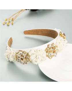 Artificial Pearl and Rhinestone Floral Combo Vintage Baroque Style Luxurious Hair Hoop - White