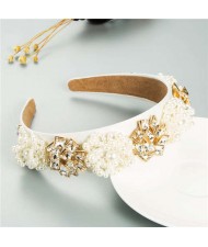 Artificial Pearl and Rhinestone Floral Combo Vintage Baroque Style Luxurious Hair Hoop - White