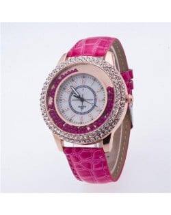 Rhinestone Rimmed with Moving Beads Decoration Design High Fashion Wrist Watch - Rose