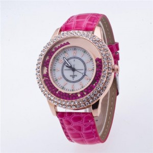 Rhinestone Rimmed with Moving Beads Decoration Design High Fashion Wrist Watch - Rose