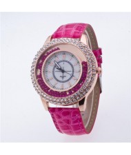 Rhinestone Rimmed with Moving Beads Decoration Design High Fashion Wrist Watch - Rose