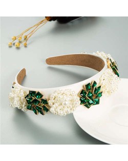 Artificial Pearl and Rhinestone Floral Combo Vintage Baroque Style Luxurious Hair Hoop - Green