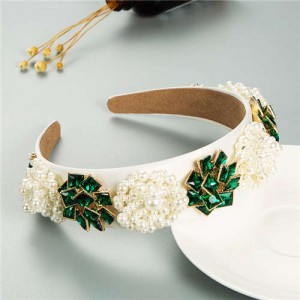 Artificial Pearl and Rhinestone Floral Combo Vintage Baroque Style Luxurious Hair Hoop - Green