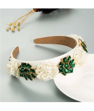 Artificial Pearl and Rhinestone Floral Combo Vintage Baroque Style Luxurious Hair Hoop - Green