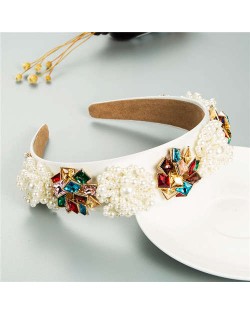 Artificial Pearl and Rhinestone Floral Combo Vintage Baroque Style Luxurious Hair Hoop - Multicolor