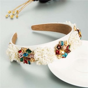 Artificial Pearl and Rhinestone Floral Combo Vintage Baroque Style Luxurious Hair Hoop - Multicolor