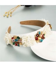 Artificial Pearl and Rhinestone Floral Combo Vintage Baroque Style Luxurious Hair Hoop - Multicolor