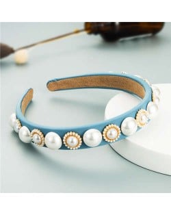 Minimalist Design Artificial Pearl Floral Vintage Fashion Baroque Style Hair Hoop - Light Blue