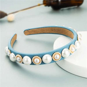 Minimalist Design Artificial Pearl Floral Vintage Fashion Baroque Style Hair Hoop - Light Blue
