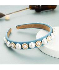 Minimalist Design Artificial Pearl Floral Vintage Fashion Baroque Style Hair Hoop - Light Blue