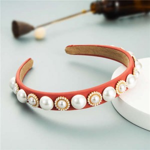 Minimalist Design Artificial Pearl Floral Vintage Fashion Baroque Style Hair Hoop - Light Red
