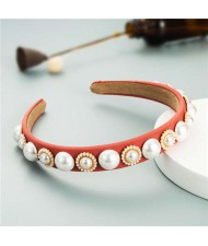 Minimalist Design Artificial Pearl Floral Vintage Fashion Baroque Style Hair Hoop - Light Red