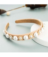 Minimalist Design Artificial Pearl Floral Vintage Fashion Baroque Style Hair Hoop - Khaki