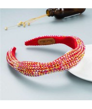 Internet Celebrity Choice Shining Beads Decorated Sponge Luxurious Bling Hair Hoop - Red