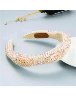 Internet Celebrity Choice Shining Beads Decorated Sponge Luxurious Bling Hair Hoop - Beige