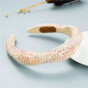 Internet Celebrity Choice Shining Beads Decorated Sponge Luxurious Bling Hair Hoop - Beige