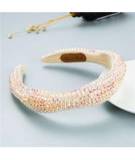 Internet Celebrity Choice Shining Beads Decorated Sponge Luxurious Bling Hair Hoop - Beige