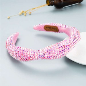 Internet Celebrity Choice Shining Beads Decorated Sponge Luxurious Bling Hair Hoop - Pink