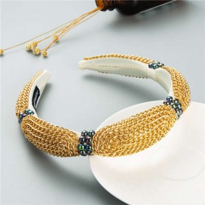 Korean Bold Golden Chain Weaving Design French Romantic Hair Hoop - Beige