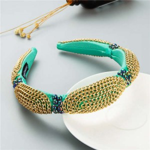 Korean Bold Golden Chain Weaving Design French Romantic Hair Hoop - Green