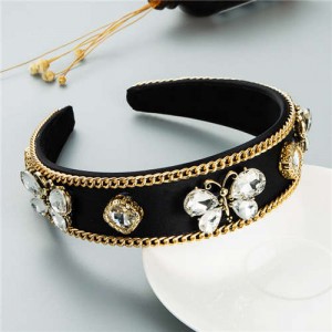 Rhinestone Butterfly Decorated Vintage Personality Alloy Chain Embellished Women Hair Hoop - Black