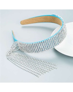 Baroque Fashion Luxurious Style Shining Rhinestone Tassel Design Classic Bling Hair Hoop - Blue