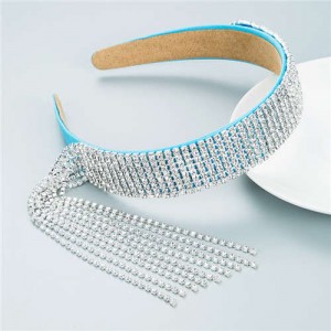 Baroque Fashion Luxurious Style Shining Rhinestone Tassel Design Classic Bling Hair Hoop - Blue