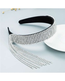 Baroque Fashion Luxurious Style Shining Rhinestone Tassel Design Classic Bling Hair Hoop - Black