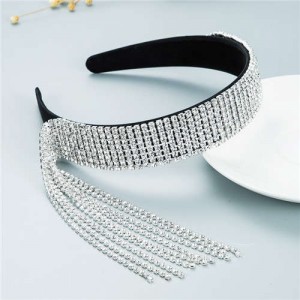 Baroque Fashion Luxurious Style Shining Rhinestone Tassel Design Classic Bling Hair Hoop - Black