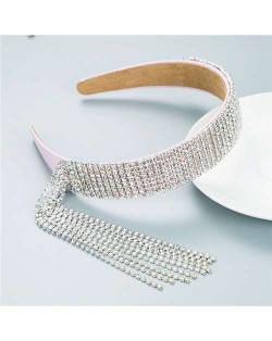 Baroque Fashion Luxurious Style Shining Rhinestone Tassel Design Classic Bling Hair Hoop - Pink