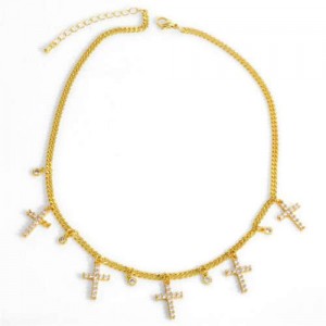 U.S. Vintage Thin Chain Cross Pendants Classic Design Women Statement Copper Necklace
