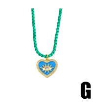 Bohemian Style Heart Shape Enamel Eye Design Wholesale Jewelry Women Copper Necklace - Green and Blue