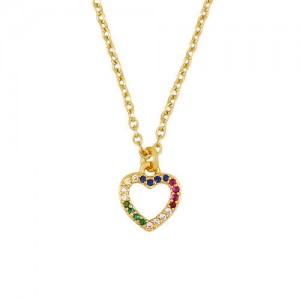 Korean Fashion Wholesale Jewelry Heart Shape Hollow-out Colorful Rhinestone Inlaid Women Elegant Copper Necklace
