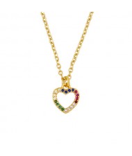 Korean Fashion Wholesale Jewelry Heart Shape Hollow-out Colorful Rhinestone Inlaid Women Elegant Copper Necklace