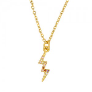 Korean Fashion Gradient Color Rhinestone Lightning Pendant Women Copper Necklace