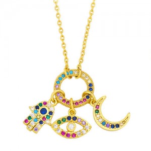 U.S. Wholesale Jewelry Eye and Moon Multiple Combo Minimalist Design High Fashion Women Copper Necklace - Multicolor