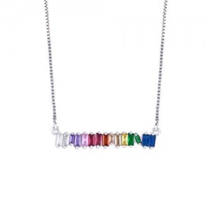 Colorful Rectangle Shape Cubic Zirconia Pendant Design Wholesale Jewelry Women Copper Necklace - Silver