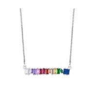 Colorful Rectangle Shape Cubic Zirconia Pendant Design Wholesale Jewelry Women Copper Necklace - Silver