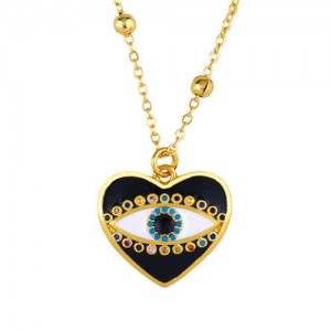 Heart Shape Enamel Eye Cubic Zirconia Rimmed Women Oil-spot Glazed Copper Necklace