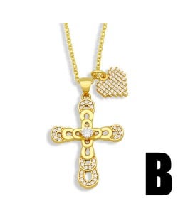 Vintage Cross and Heart Shape Pendant Combo Women Luxurious Copper Necklace - Design B