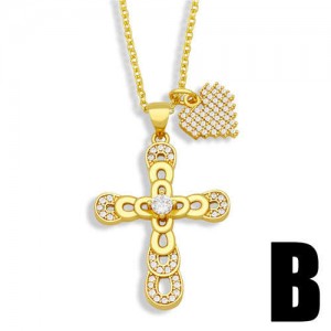 Vintage Cross and Heart Shape Pendant Combo Women Luxurious Copper Necklace - Design B