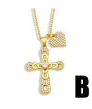 Vintage Cross and Heart Shape Pendant Combo Women Luxurious Copper Necklace - Design B