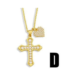 Vintage Cross and Heart Shape Pendant Combo Women Luxurious Copper Necklace - Design C