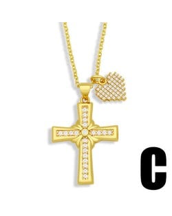 Vintage Cross and Heart Shape Pendant Combo Women Luxurious Copper Necklace - Design D