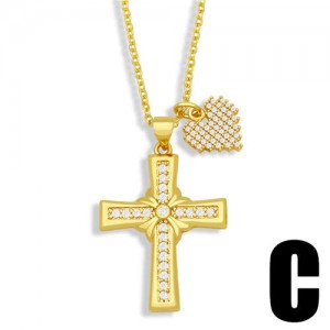 Vintage Cross and Heart Shape Pendant Combo Women Luxurious Copper Necklace - Design D