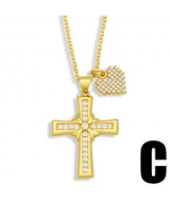 Vintage Cross and Heart Shape Pendant Combo Women Luxurious Copper Necklace - Design D